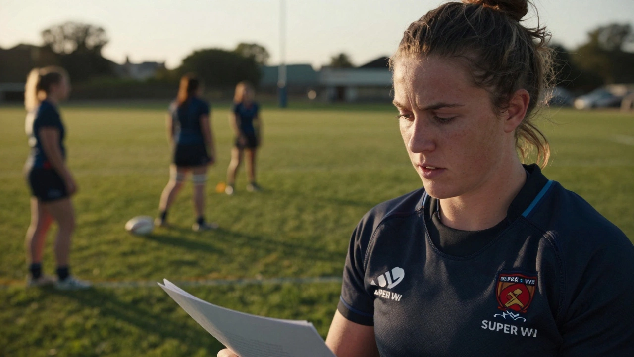 Female rugby player looking at her contract on a training field at sunset.