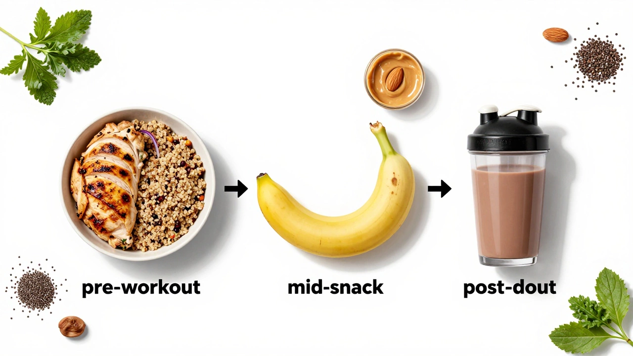 Flat lay of pre, mid, and post-workout meals