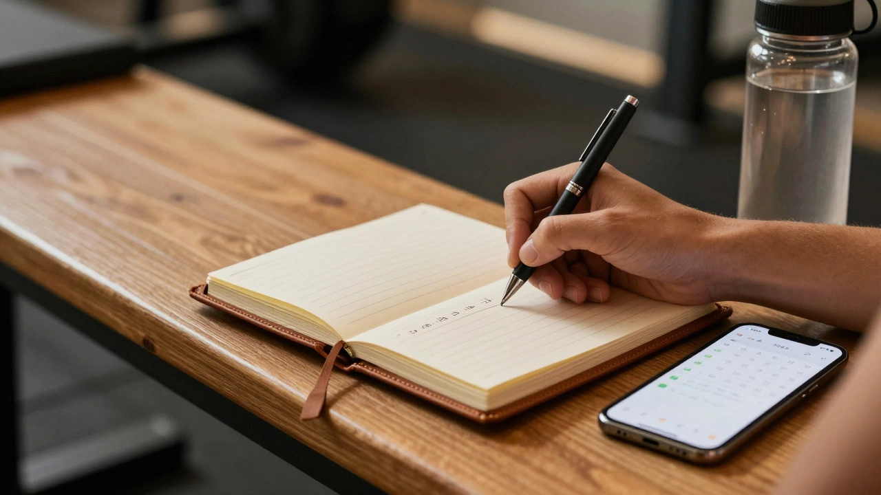 Hand writing workout stats in a logbook on gym bench