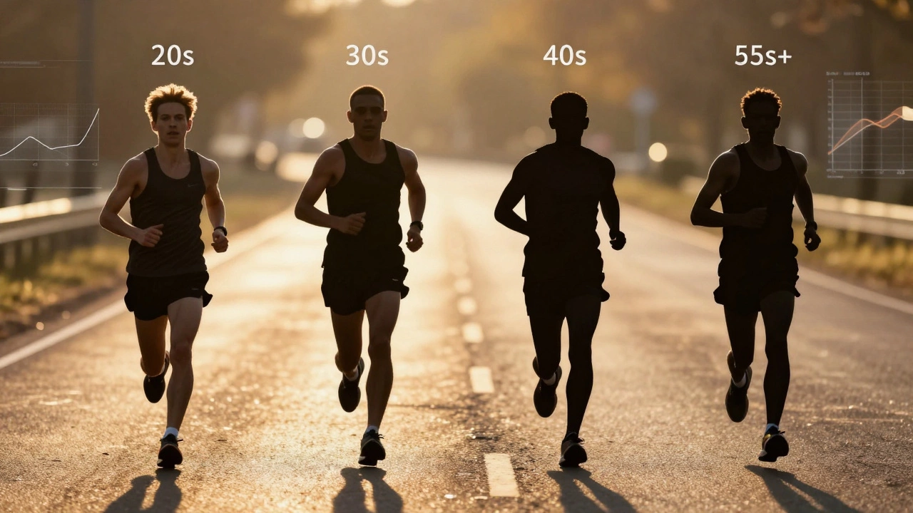 Illustration of runners from different age groups showing varied performance stages