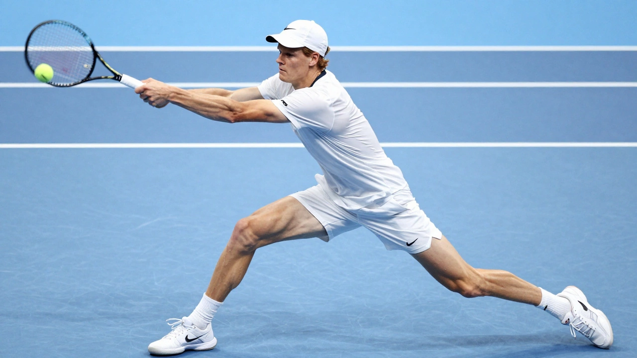 Jannik Sinner hitting a powerful flat forehand on an indoor hard court