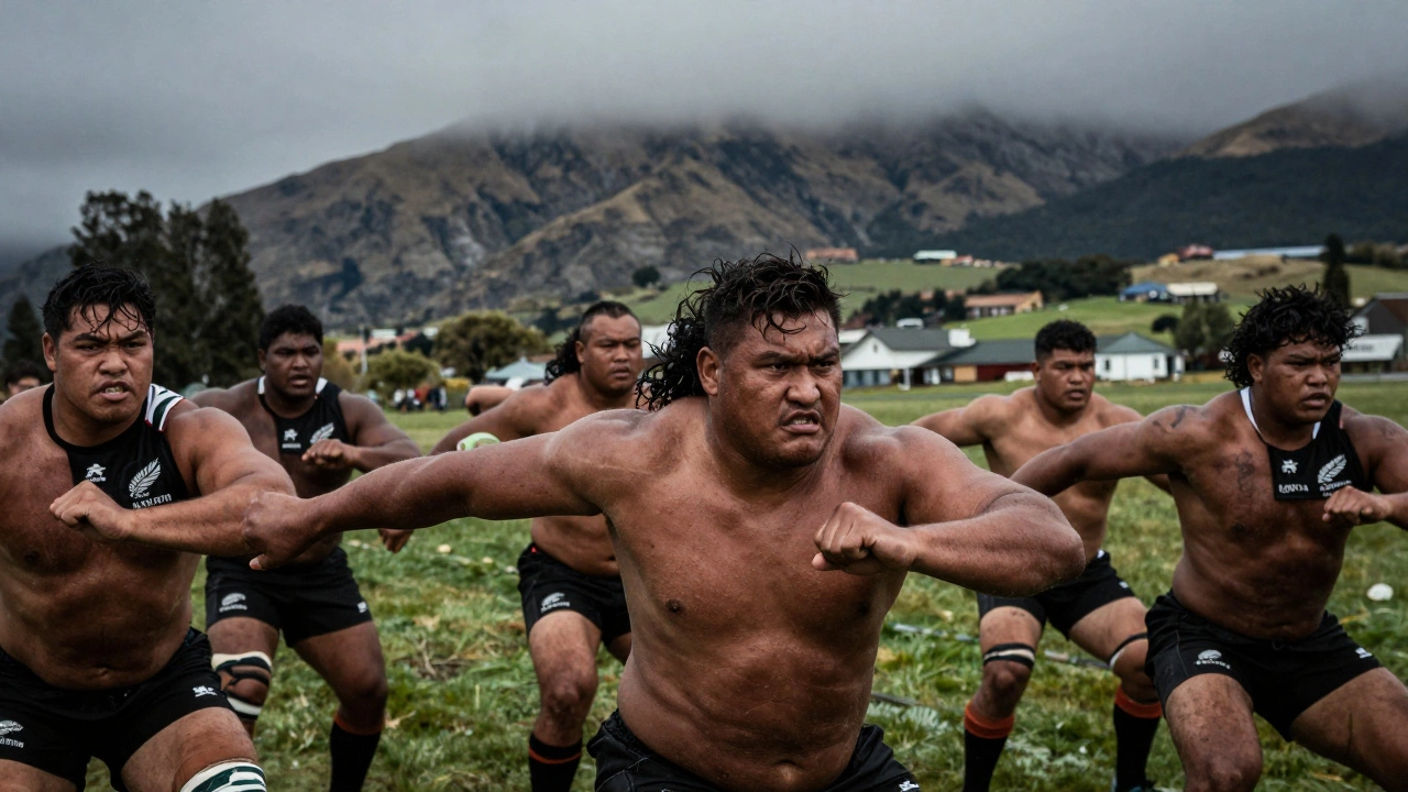 Maori rugby players performing the Haka in a misty New Zealand landscape