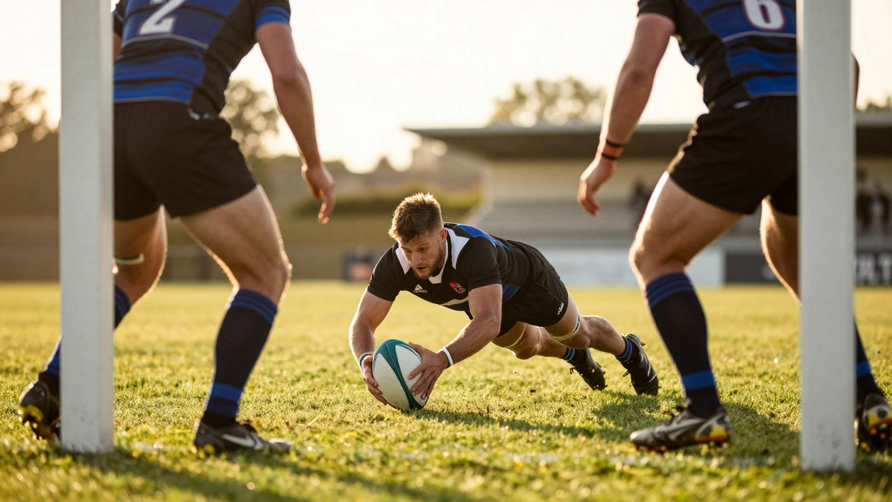 Rugby winger diving to ground the ball for a try near the goal line