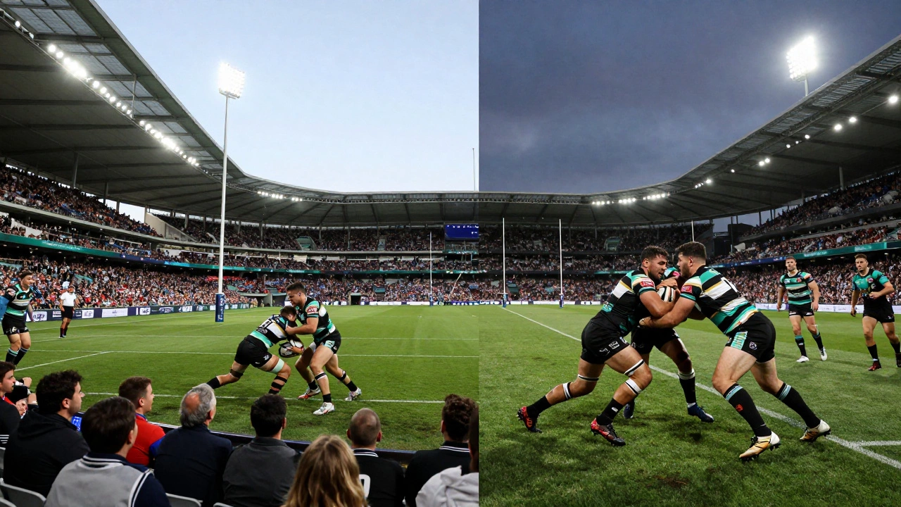 Split view contrasting professional rugby union stadium with grassroots league match