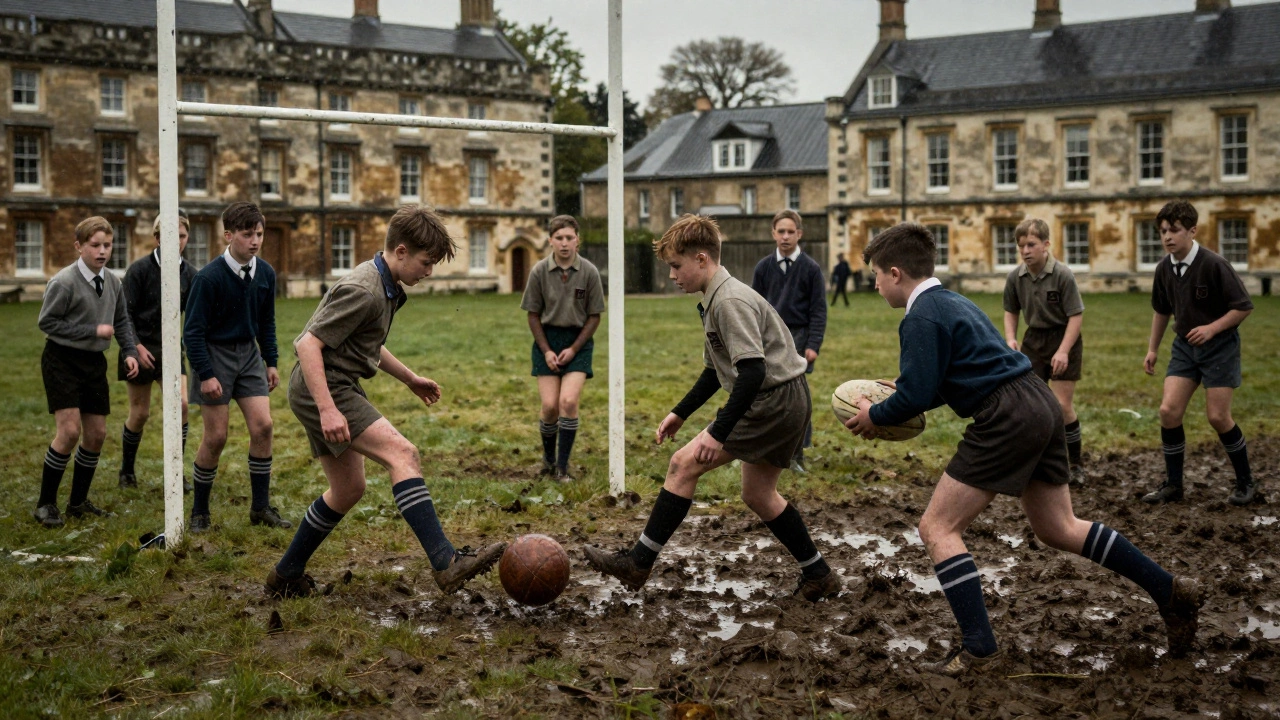 Students playing early football and rugby styles on a muddy school field
