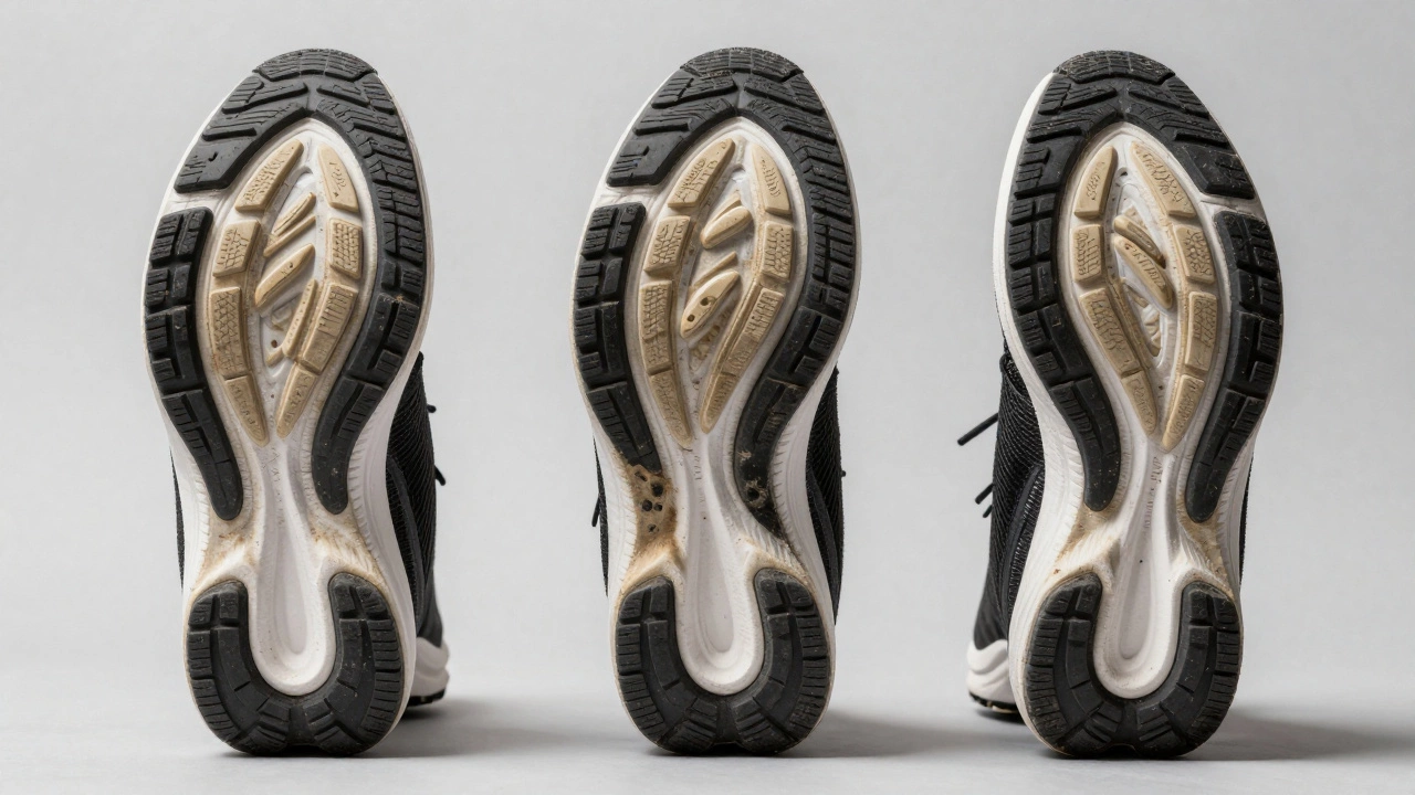 Three running shoes showing different sole wear patterns