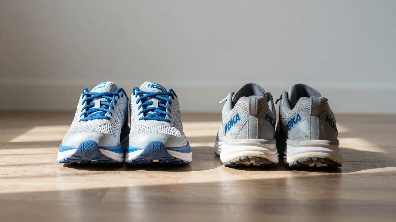 Two pairs of Hoka shoes side by side showing new vs used condition