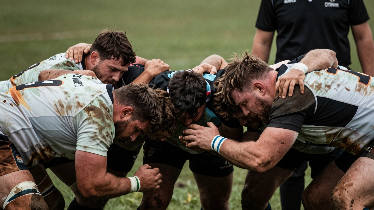 Two rugby teams engaged in a tight scrum formation on the pitch