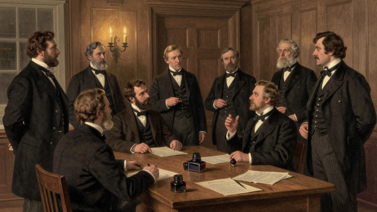 Victorian gentlemen debating rules at the 1863 Freemasons' Tavern meeting