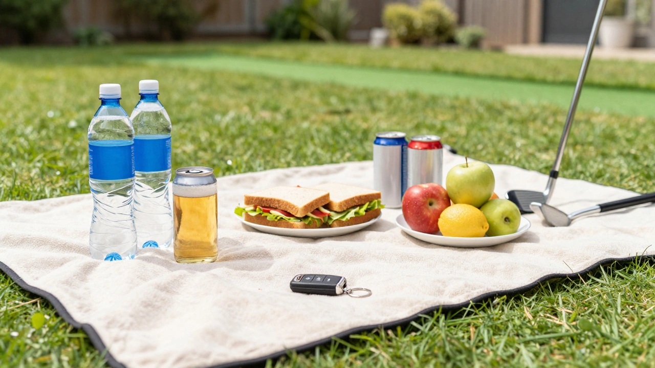 Water bottles, snacks, and golf gear on a backyard putting green