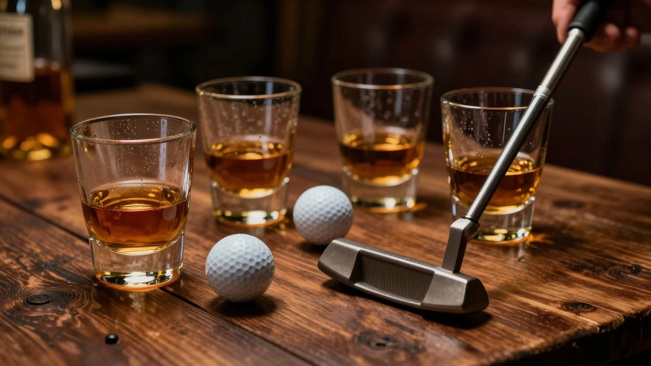 Whiskey glasses and golf balls on a dimly lit wooden table