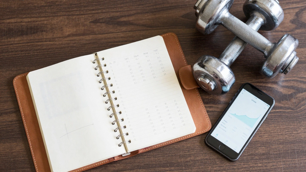 Workout notebook and dumbbell on desk for planning