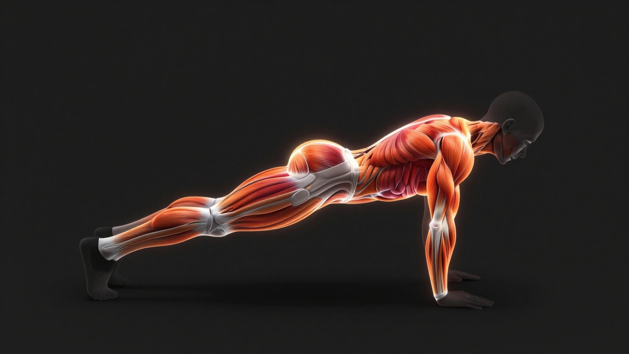 Anatomical illustration showing glowing muscles during a full-body compound exercise