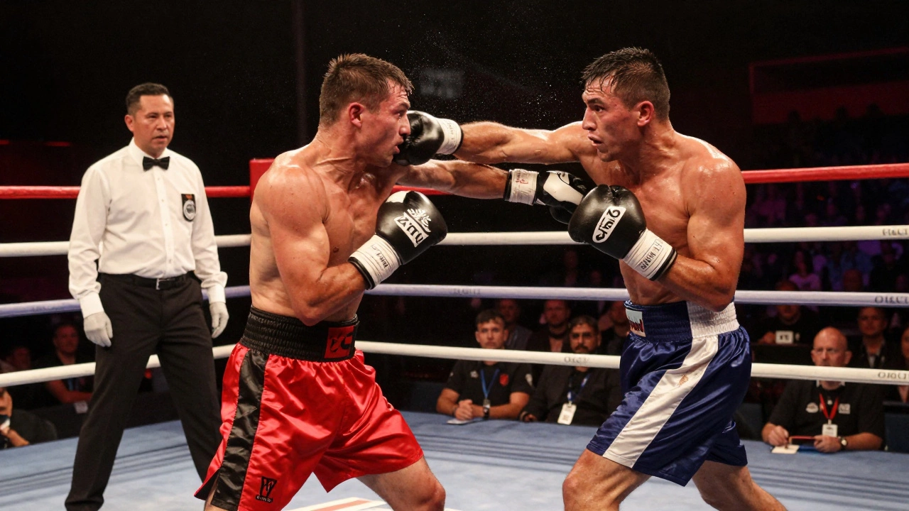 Boxers exchanging punches during an intense professional fight