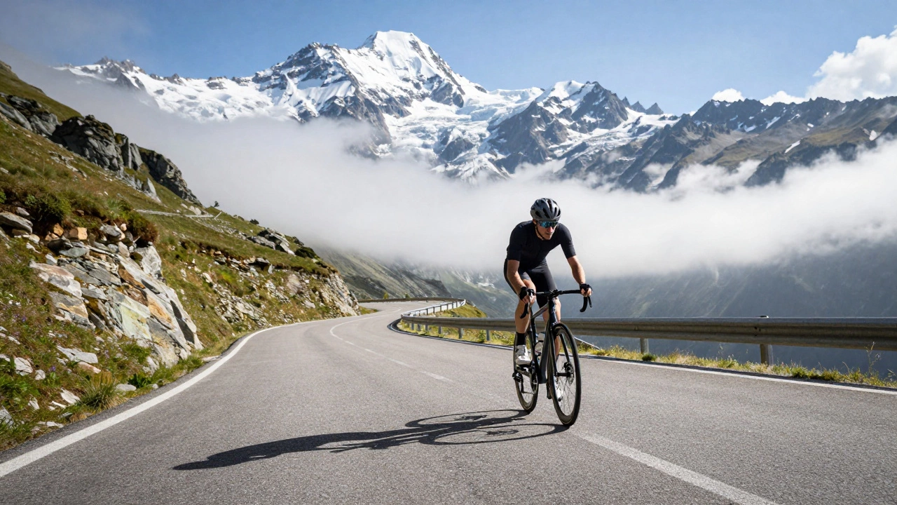 Cyclist climbing steep mountain pass in the French Alps
