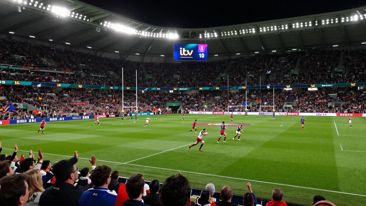 Dynamic action shot of rugby players tackling in a packed stadium with broadcaster logos visible