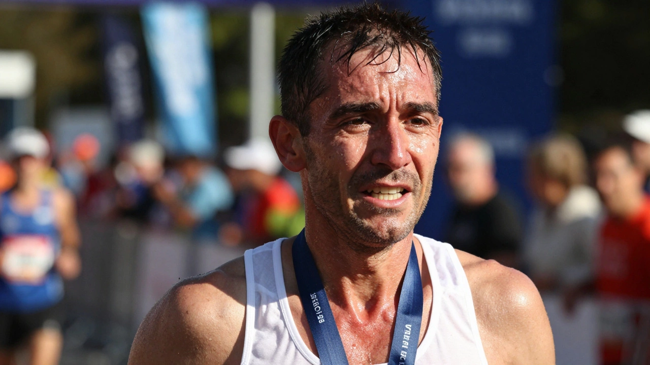 Exhausted but triumphant middle-aged runner crossing the finish line