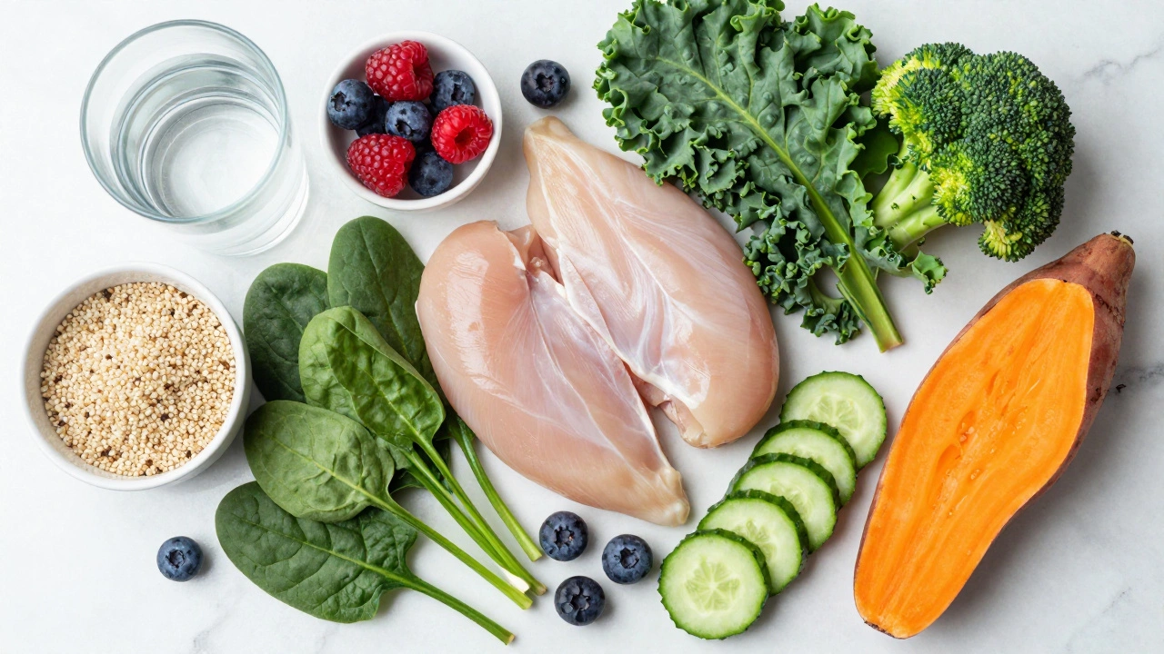 Fresh healthy foods like chicken, vegetables, and water arranged on a counter