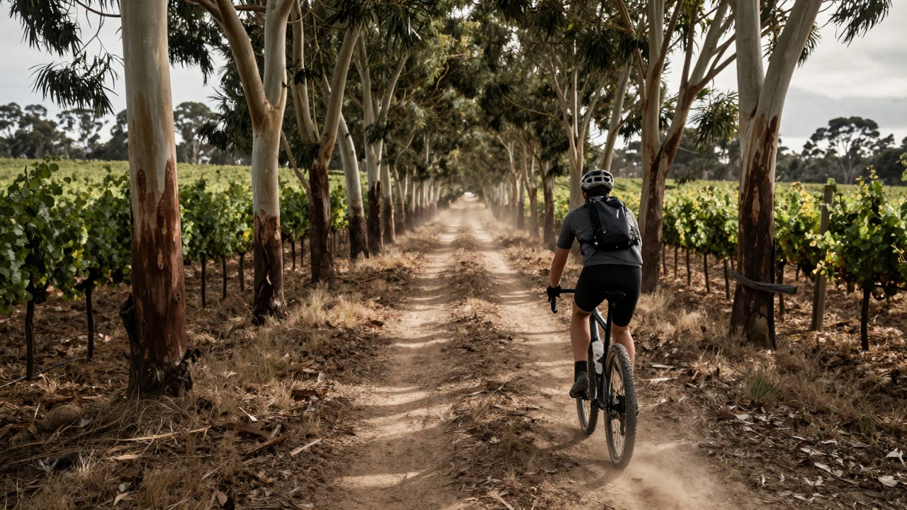 Gravel biker riding through vineyard trails in Adelaide Hills