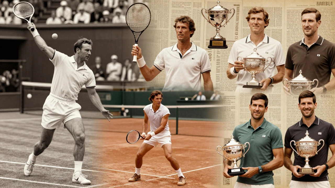 Historical montage of male tennis legends who achieved the Career Grand Slam across different eras.