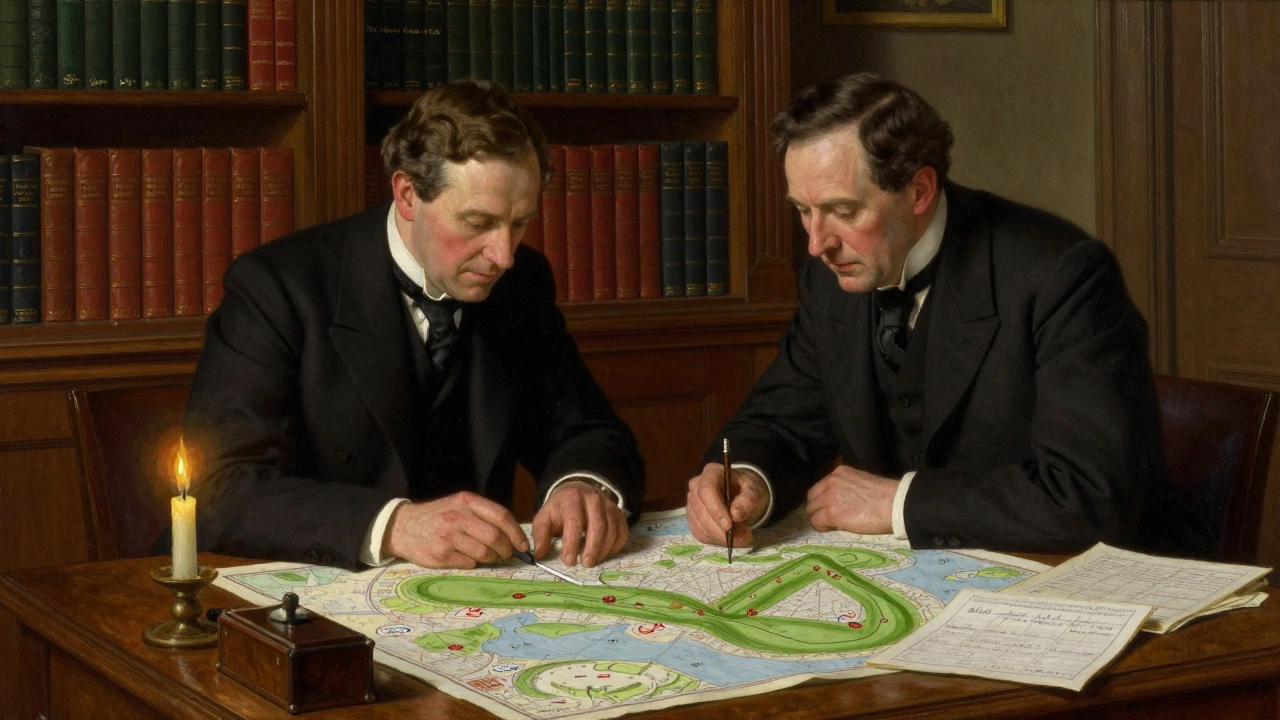 Historical painting of golf pioneers Moulton and Sargent discussing scoring standards