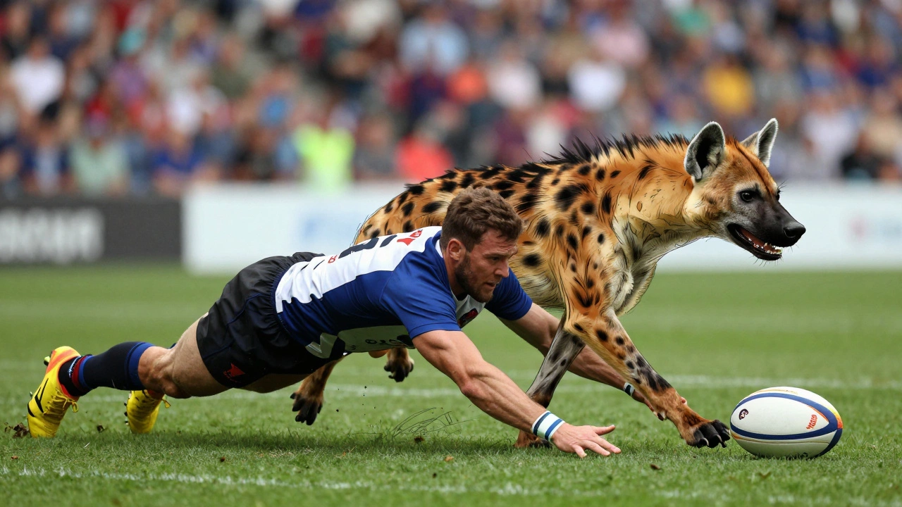 Illustration of a rugby player diving like a hyena