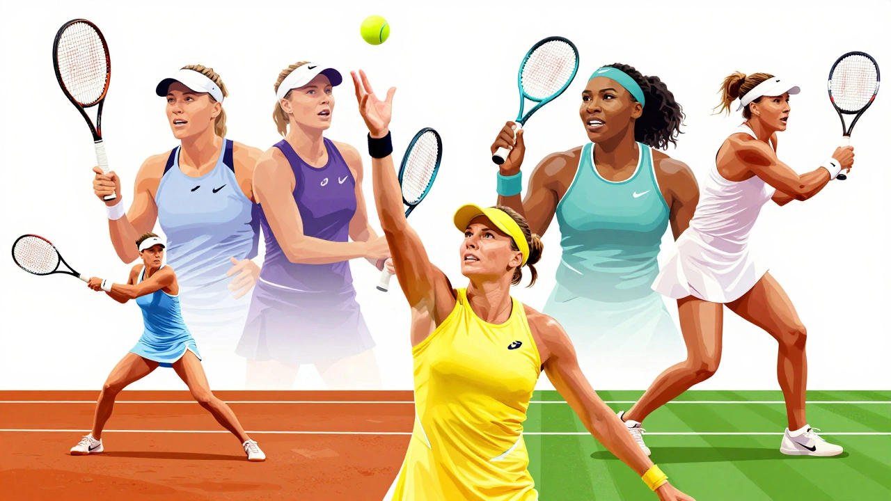 Illustration of female tennis stars like Graf, Serena, and Swiatek dominating various court surfaces.