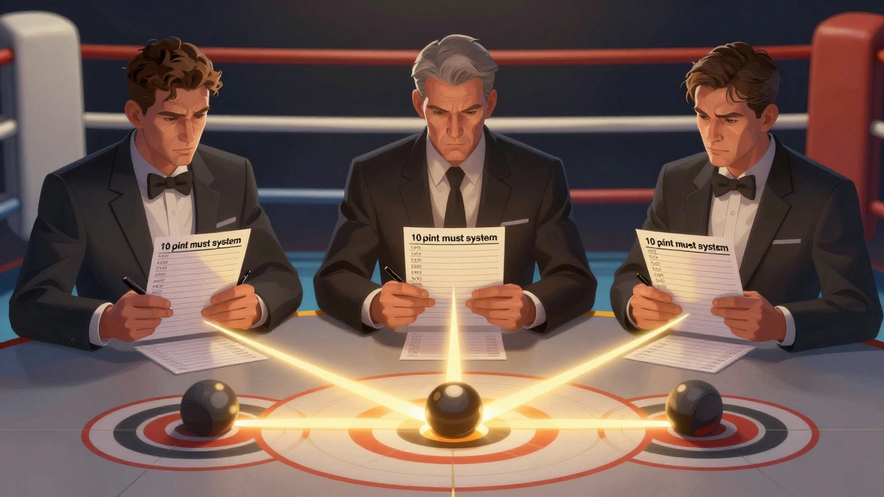 Judges scoring a boxing match using scorecards