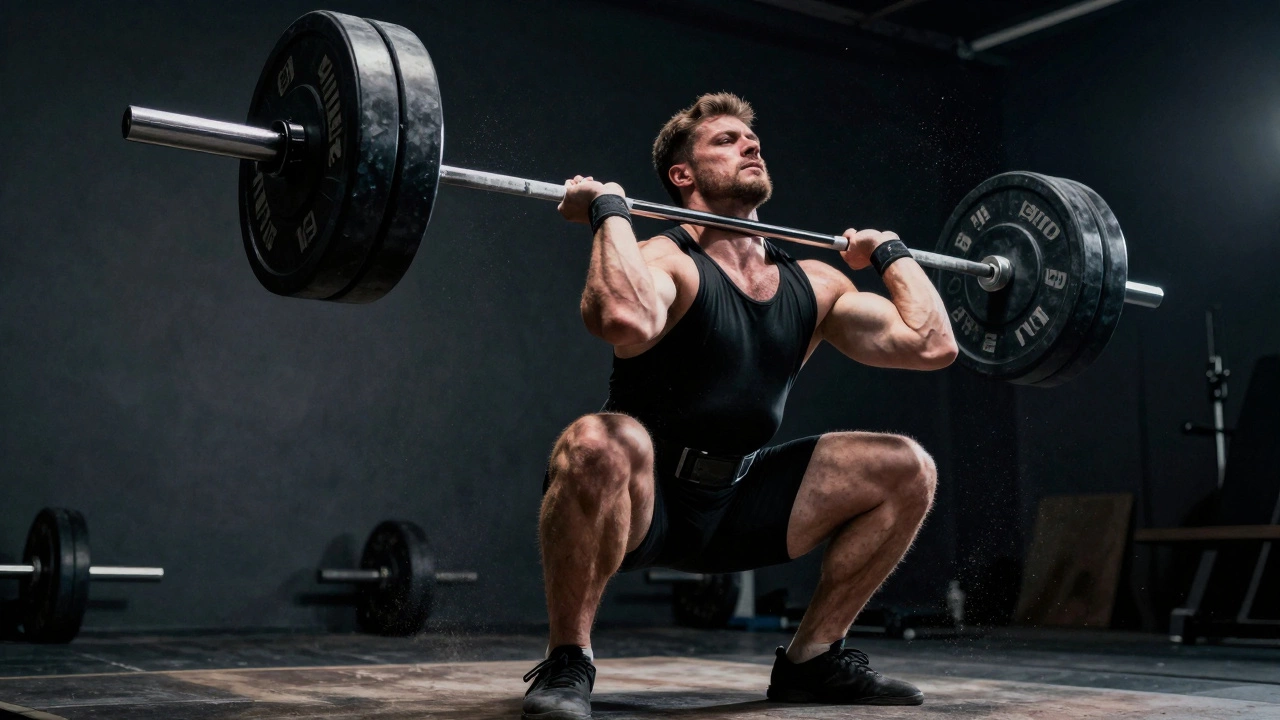 Low-angle dynamic shot of lifter performing heavy back squat with intense focus