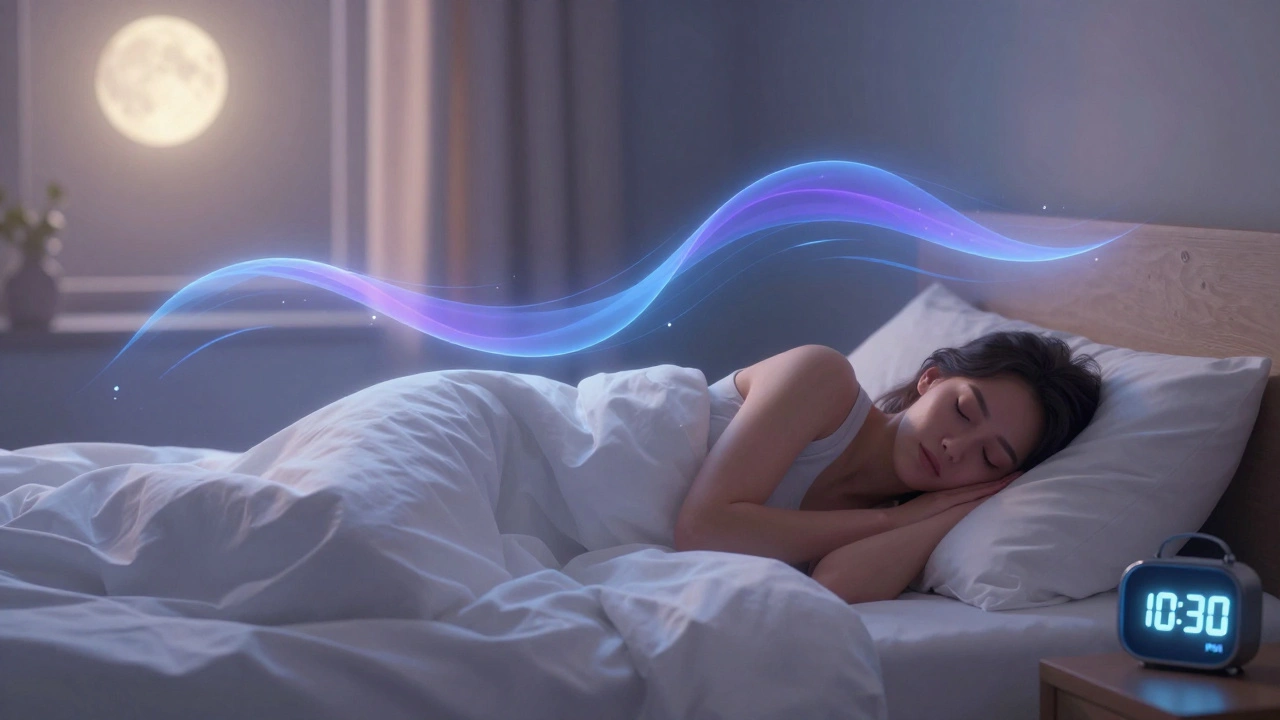 Person sleeping peacefully in a calm bedroom with soft moonlight