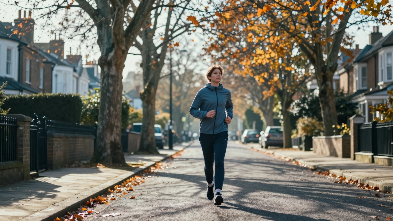 Person taking a brisk morning walk on a leafy UK street in autumn light