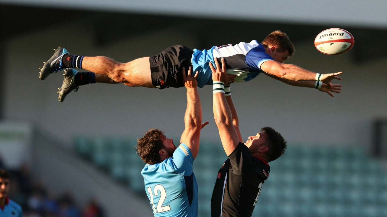 Player executing a horizontal Mako lift to reach for the rugby ball