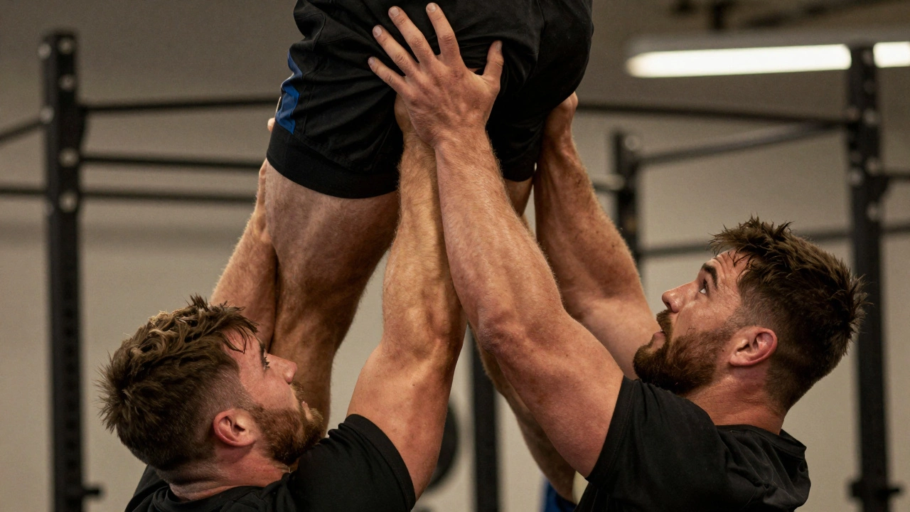 Rugby forwards practicing lifting techniques in a gym setting