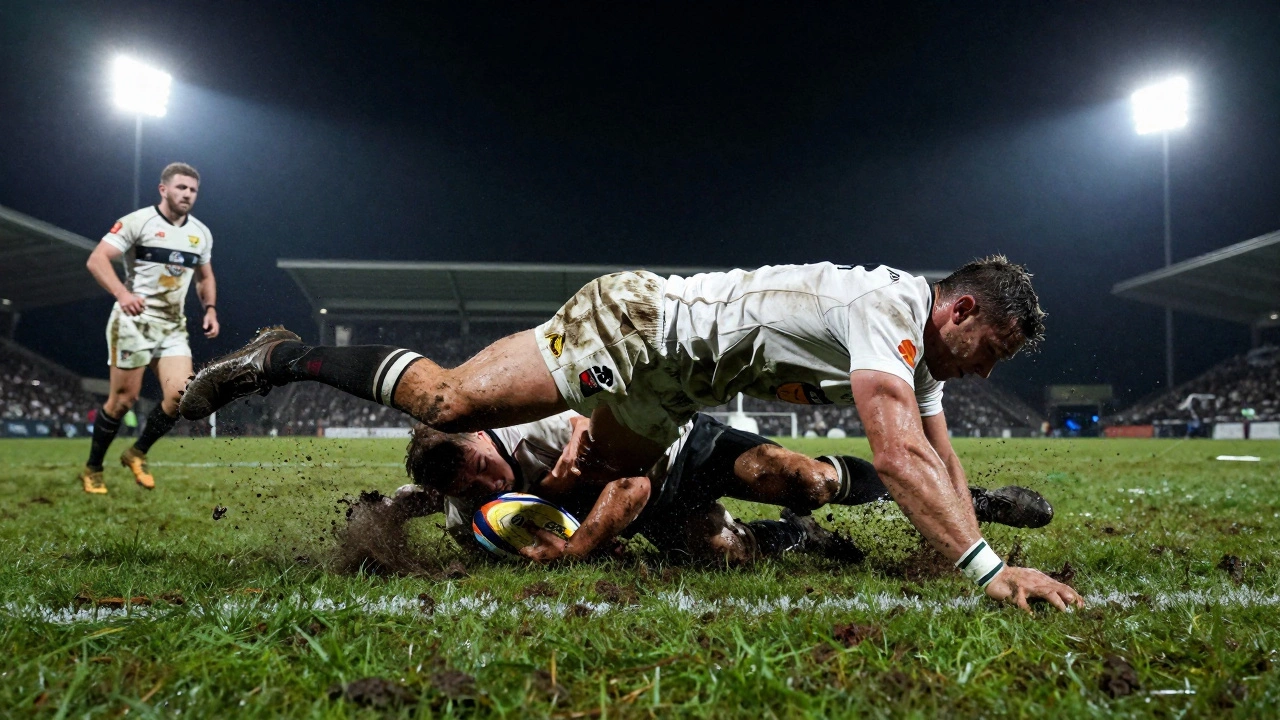 Rugby player executing a low chopper tackle in mud