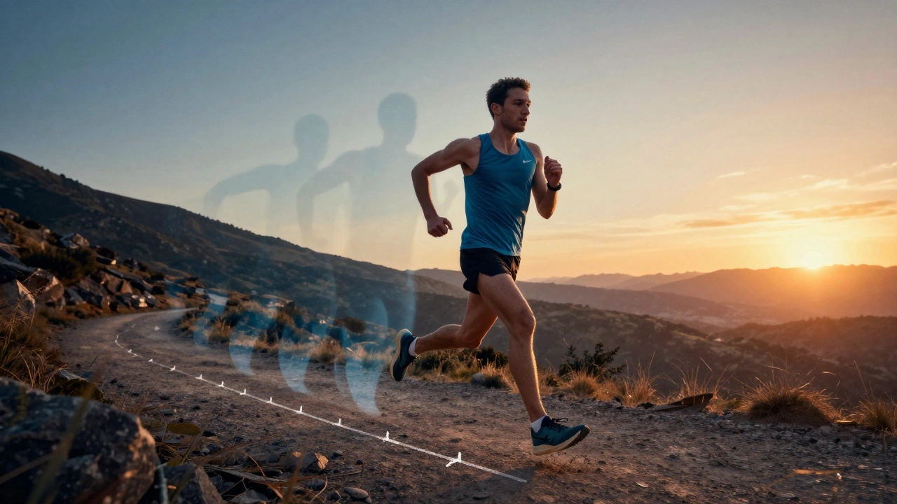 Runner visualizing pace segments on scenic trail