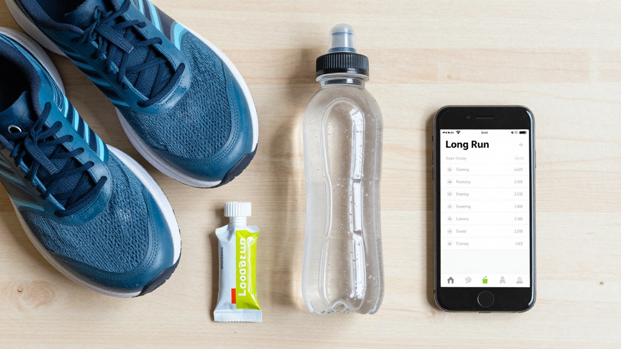 Running shoes, water bottle, and energy gels on table