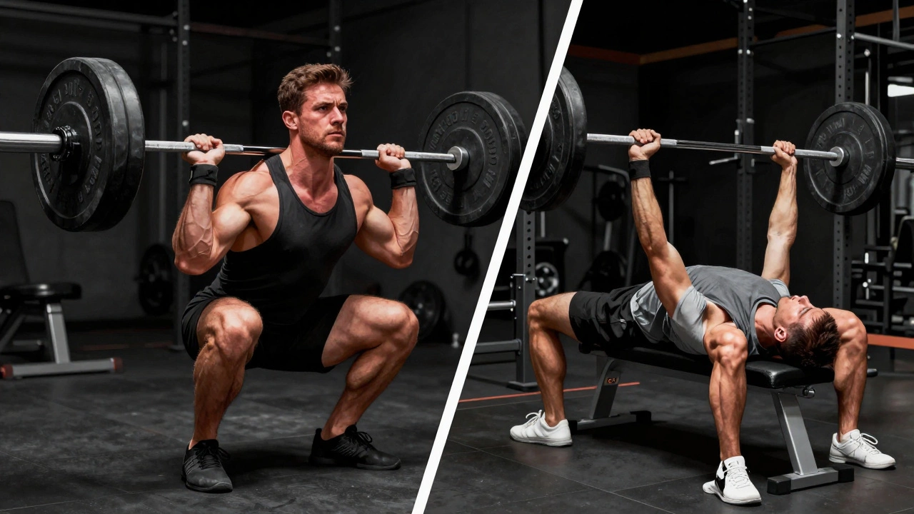 Split view of heavy lifting vs moderate rep training