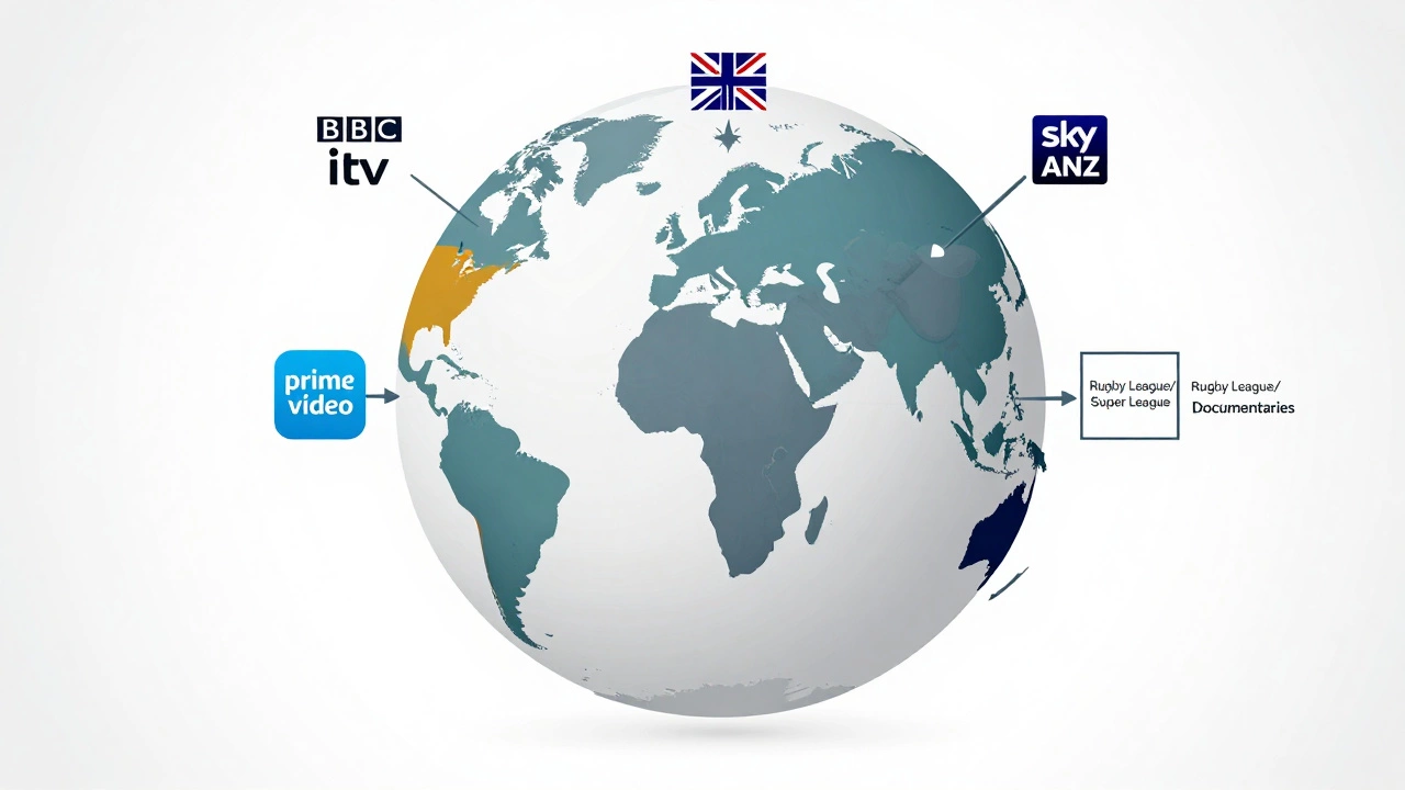 Stylized globe map showing different streaming platforms for rugby in various countries