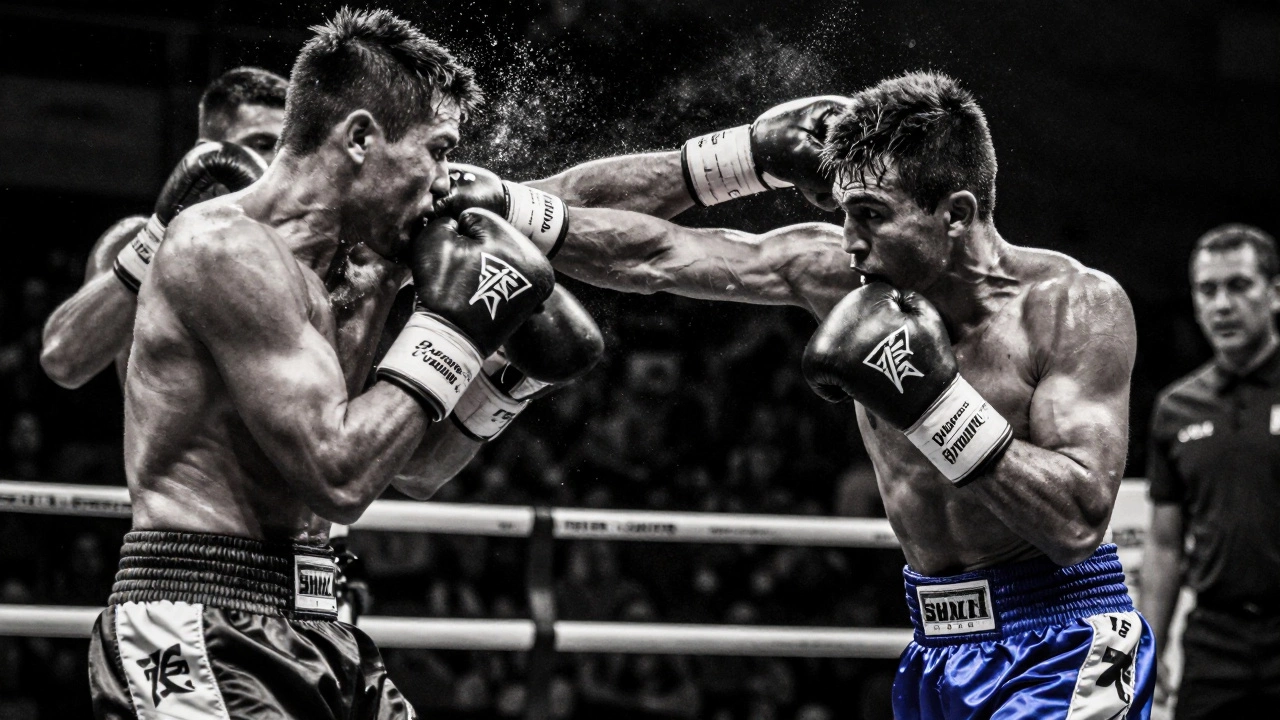 Swarmer boxer throwing rapid flurry of punches, creating motion blur in ring