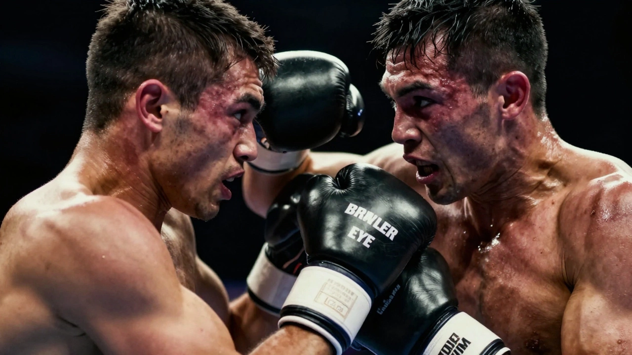 Two brawlers trading heavy blows in clinch, showing durability and raw aggression