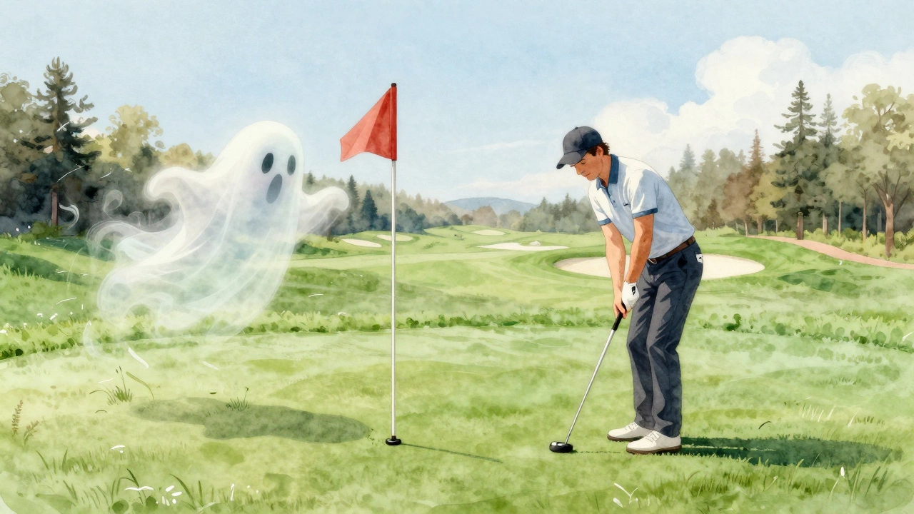 Whimsical watercolor of a golfer facing a playful ghost on a sunny fairway