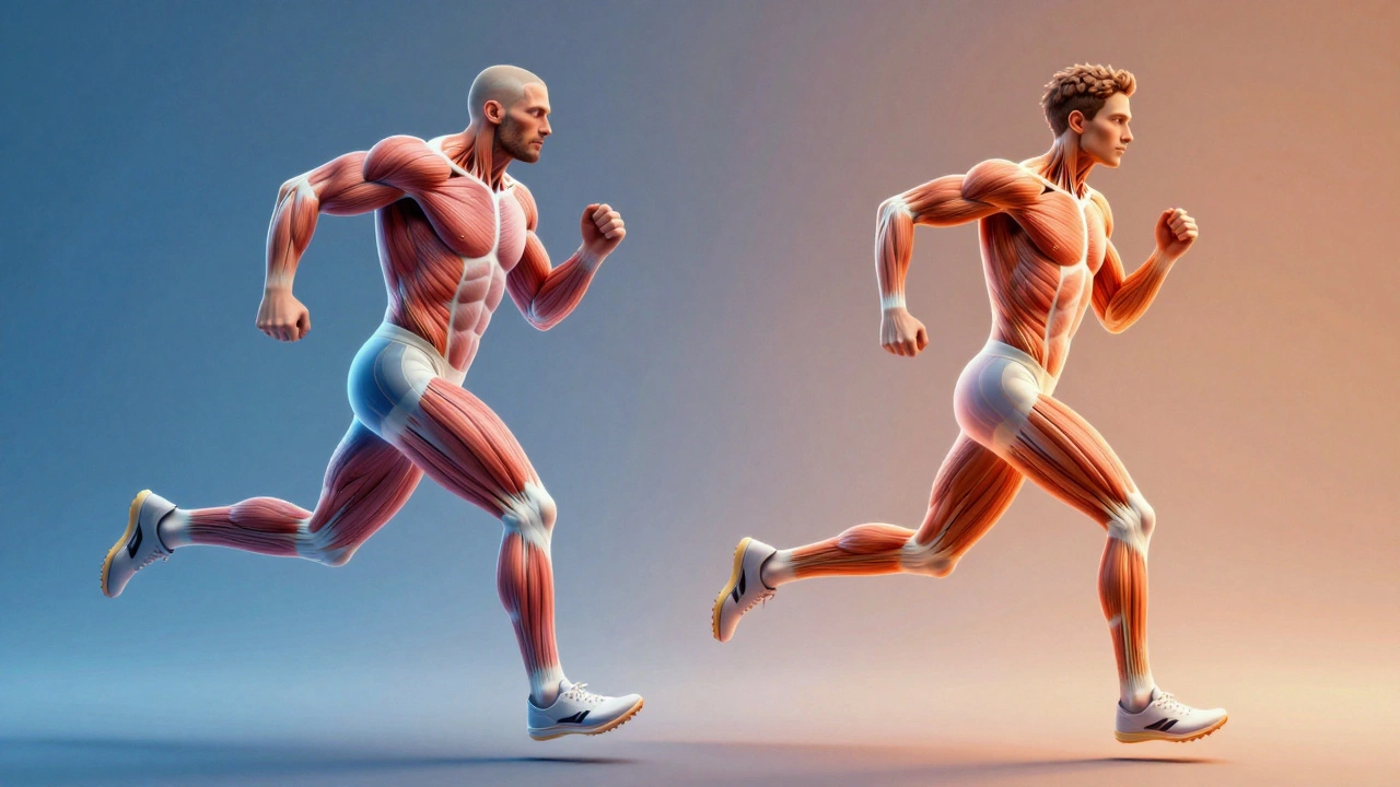 Anatomical illustration comparing muscle fiber types in distance vs sprint runners
