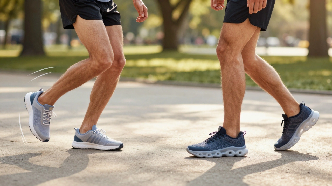 Comparison of runners: one in minimal shoes looking strained, one in cushioned shoes