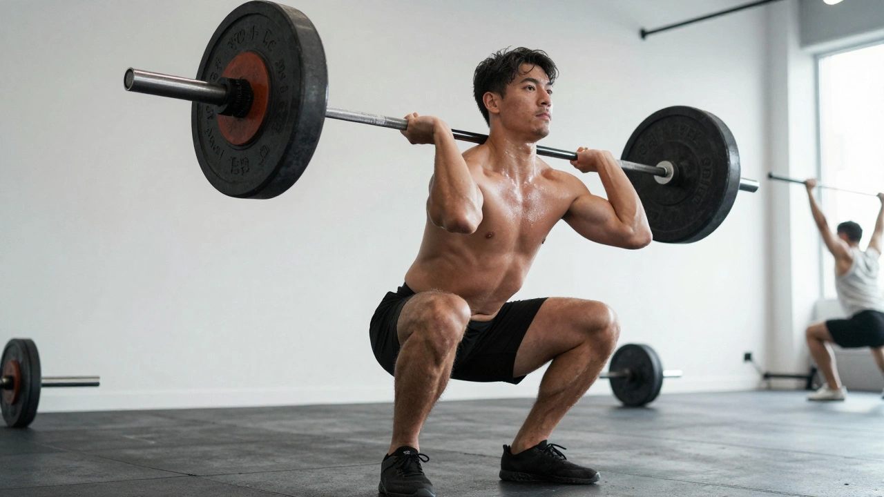 Fit person performing heavy barbell squat with intense focus