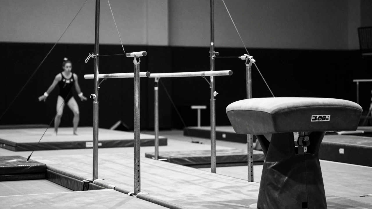 Gymnastics parallel bars and vaulting table in a training gym