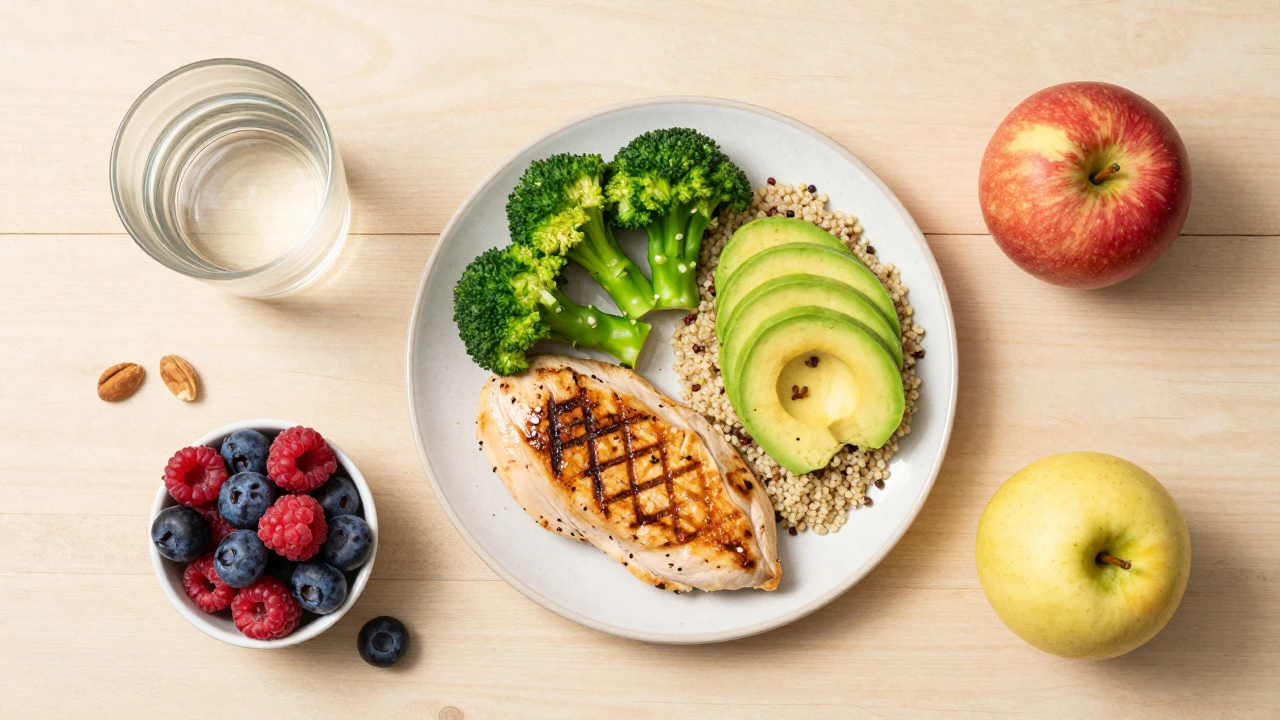Healthy whole foods like chicken and veggies on table