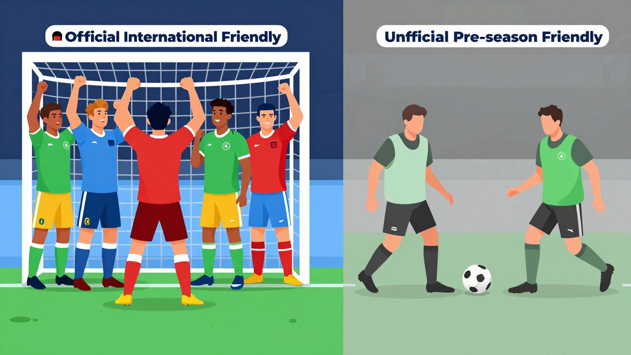 Illustration contrasting official international matches with friendlies