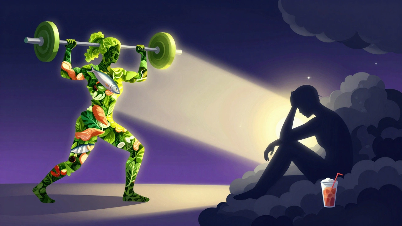 Illustration showing healthy food fueling workout vs stress hindering it