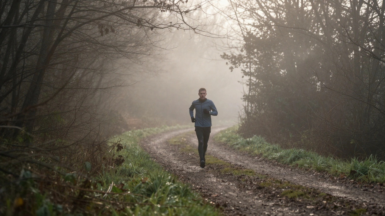 Lone runner training on a misty trail at dawn, emphasizing heat regulation