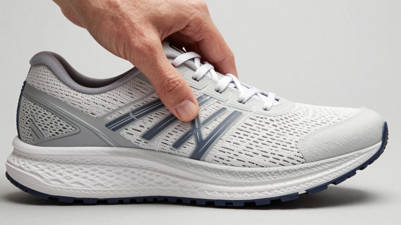 Macro shot showing proper toe box space in a running shoe for correct fit